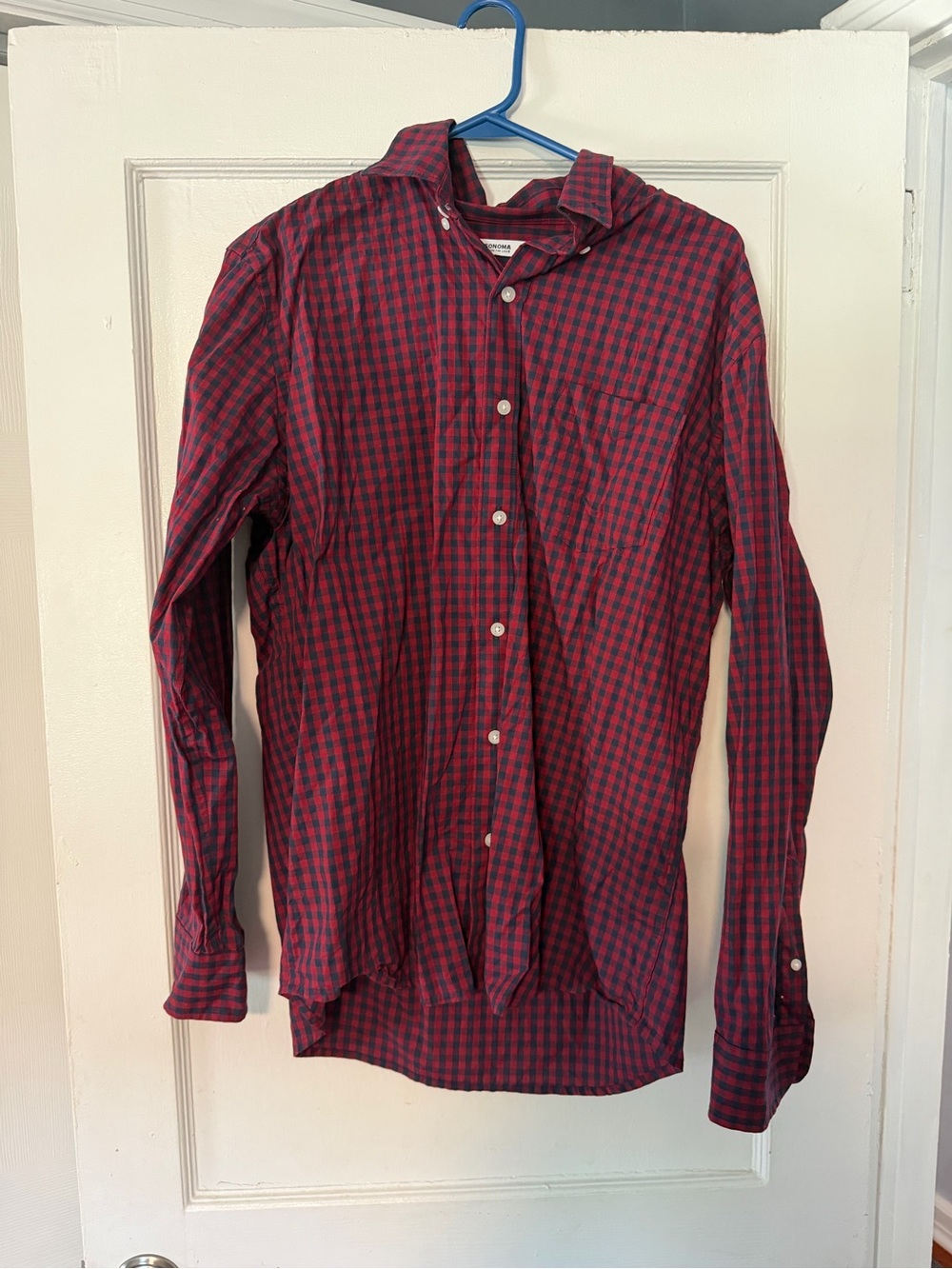 Sonoma Men's Red and Navy Plaid Button-Down Shirt